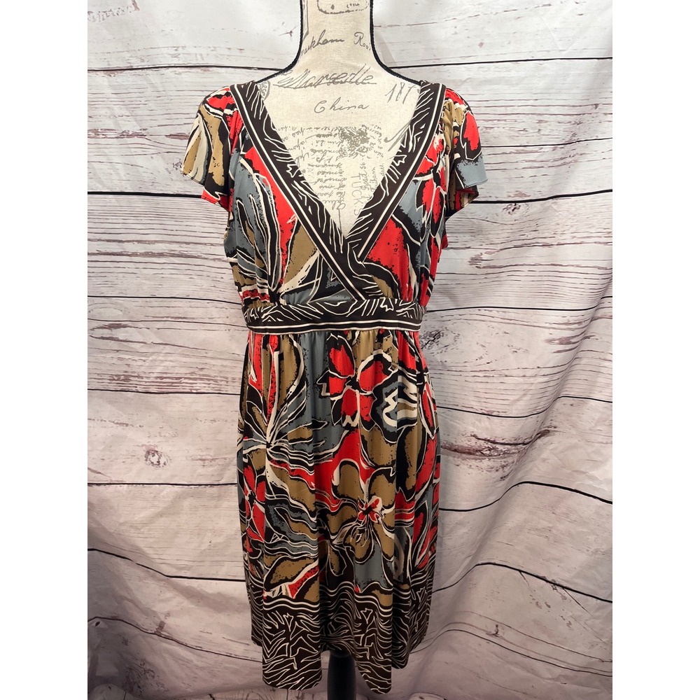 Nine West Floral Faux Wrap Empire Waist Dress Red Brown Khaki Size 14 Short Slv
